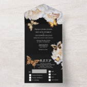 Zwart wit goud vlinder pioen bloem bruiloft all in one uitnodiging (Binnen)