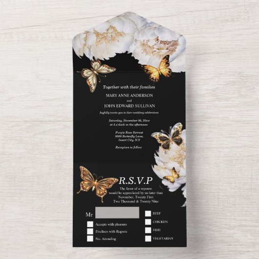 Zwart wit goud vlinder pioen bloem bruiloft all in one uitnodiging (Binnen)