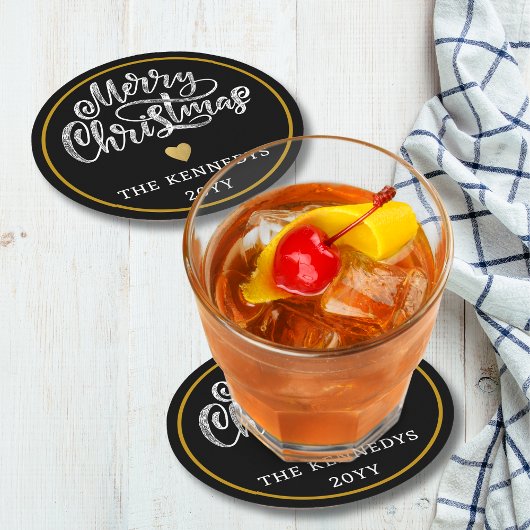 Zwart Wit Goud Vrolijk Kerstfeest Ronde Kartonnen Onderzetter