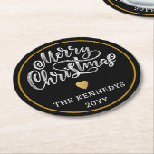 Zwart Wit Goud Vrolijk Kerstfeest Ronde Kartonnen Onderzetter (Gebogen)