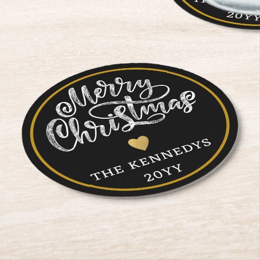 Zwart Wit Goud Vrolijk Kerstfeest Ronde Kartonnen Onderzetter (Gebogen)