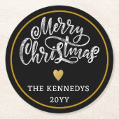 Zwart Wit Goud Vrolijk Kerstfeest Ronde Kartonnen Onderzetter (Voorkant)