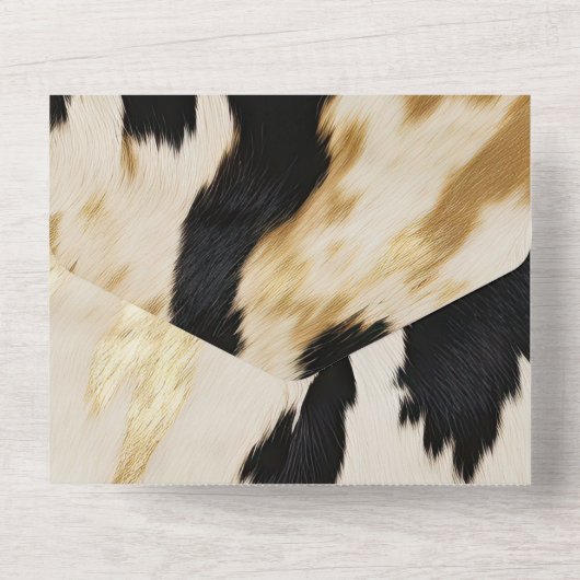 Zwart Wit Goud Western Koeienhuid All In One Uitnodiging (Achterkant)