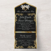 Zwart & Wit, Gouden Bladeren, Duiven & Hart All In One Uitnodiging (Binnen)