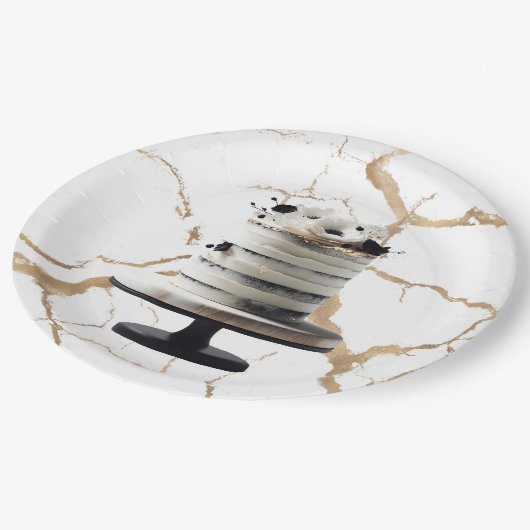 Zwart & wit gouden bloemencake bruidsdouche  papieren bordje (Gekanteld)