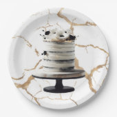 Zwart & wit gouden bloemencake bruidsdouche  papieren bordje (Voorkant)