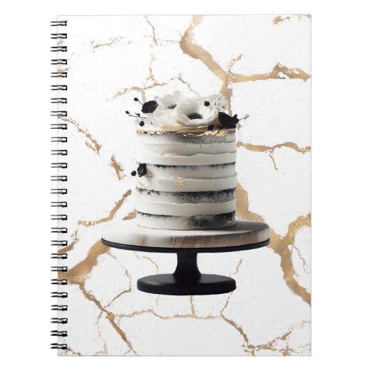 Zwart & wit gouden bloemencake bruidsshower notitieboek (Voorkant)