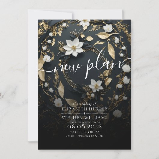 Zwart Wit Gouden Bloemenkrans Trouwdatum Verzet Save The Date (Voorkant)