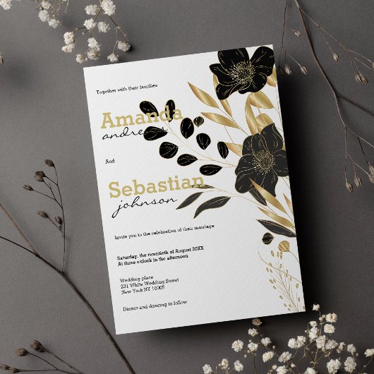 Zwart wit gouden bloemrijke elegante trouw kaart