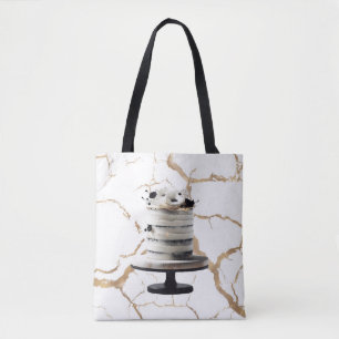 Zwart & Wit Gouden Bloemrijke Meerlaagse Bruidstaa Tote Bag