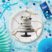 Zwart & wit gouden bloemstaart bruidsdouche papieren bordje (Feest)