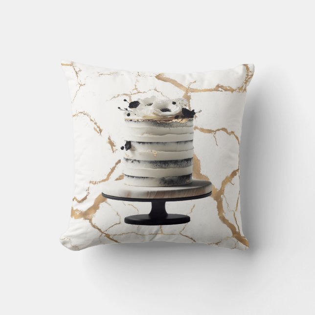 Zwart & wit gouden bloemstuk meerlaags bruidstaart kussen (Voorkant)