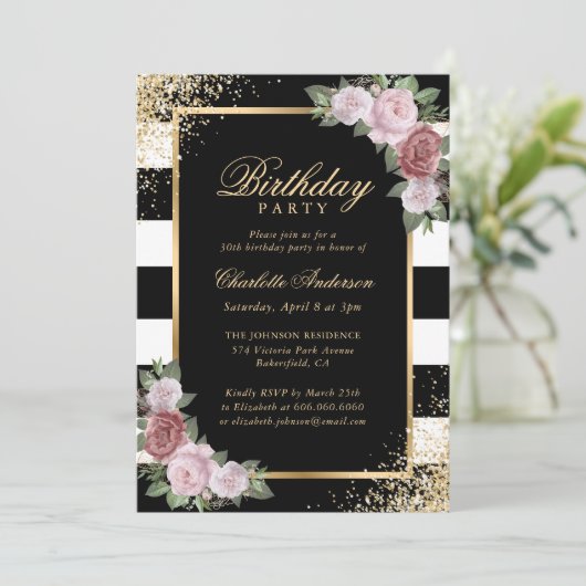 Zwart-wit gouden blos Bloemen Verjaardag Kaart (Staand voorkant)