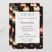 Zwart Wit Gouden Cupcakes Cherry Op Top Verjaardag Kaart (Voorkant / Achterkant)