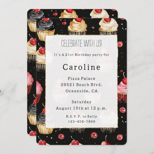 Zwart Wit Gouden Cupcakes Cherry Op Top Verjaardag Kaart (Voorkant / Achterkant)