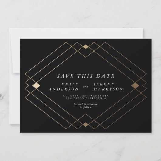 Zwart & Wit | Gouden Deco Lijnen Save The Date Aankondiging (Voorkant)