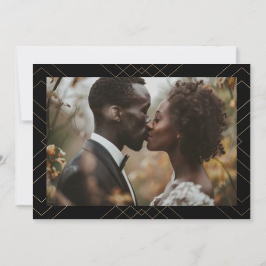 Zwart & Wit | Gouden Deco Lijnen Save The Date Aankondiging (Achterkant)