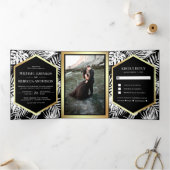 Zwart-wit Gouden Folie Tropische Palm Bruiloft Drieluik Uitnodiging (Binnen)