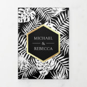 Zwart-wit Gouden Folie Tropische Palm Bruiloft Drieluik Uitnodiging (Cover)