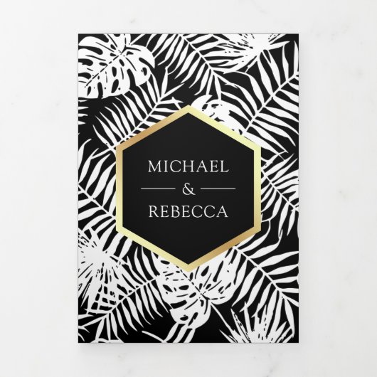 Zwart-wit Gouden Folie Tropische Palm Bruiloft Drieluik Uitnodiging (Cover)