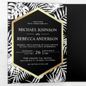 Zwart-wit Gouden Folie Tropische Palm Bruiloft Drieluik Uitnodiging (Binnenzijde eerst)