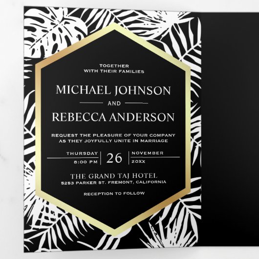 Zwart-wit Gouden Folie Tropische Palm Bruiloft Drieluik Uitnodiging (Binnenzijde eerst)