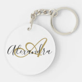 Zwart Wit Gouden Harten Script Monogram Sleutelhanger (Achterkant)