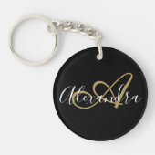 Zwart Wit Gouden Harten Script Monogram Sleutelhanger (Voorkant)