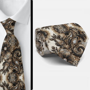 Zwart Wit Gouden Kant Paisley Diamant Heren Das