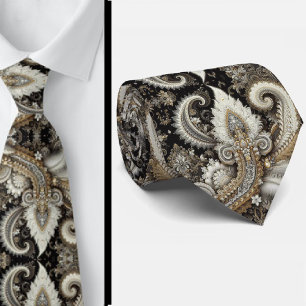 Zwart Wit Gouden Kant Paisley Diamant Heren Das