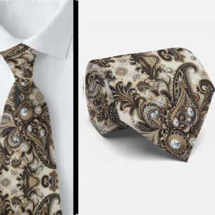 Zwart Wit Gouden Kant Paisley Diamant Heren Das