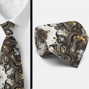 Zwart Wit Gouden Kant Paisley Diamant Herenstrik Stropdas