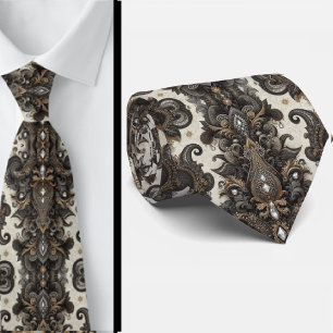 Zwart Wit Gouden Kant Paisley Diamanten Herenstrik Stropdas