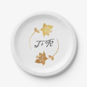 Zwart Wit Gouden Krans Monogram Initialen Bloemen Papieren Bordje