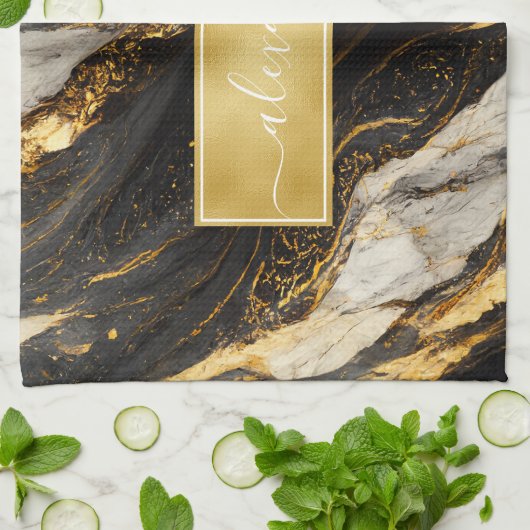 Zwart-wit gouden marmer Modern Elegant Theedoek (Gevouwen)