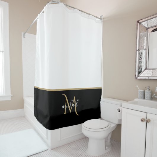Zwart | Wit & Gouden Monogram Elegante Luxe Douchegordijn (In situ)