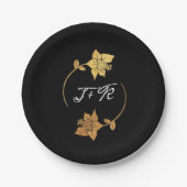 Zwart Wit Gouden Ring Monogram Initialen Bloemen Papieren Bordje (Voorkant)