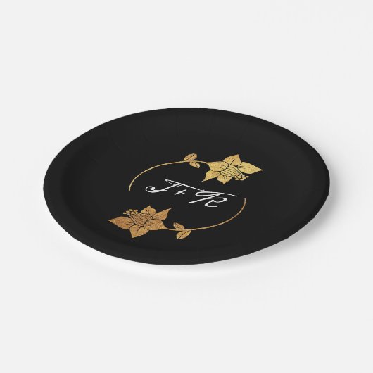 Zwart Wit Gouden Ring Monogram Initialen Bloemen Papieren Bordje (Gekanteld)