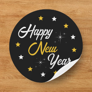 Zwart Wit & Gouden Ster Gelukkig Nieuwjaar 2024 Ronde Sticker