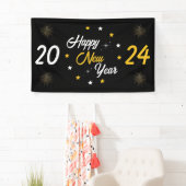 Zwart Wit & Gouden Ster Gelukkig Nieuwjaar 2024 Spandoek (Insitu)