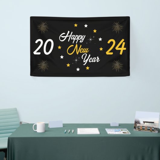 Zwart Wit & Gouden Ster Gelukkig Nieuwjaar 2024 Spandoek (Beurs)
