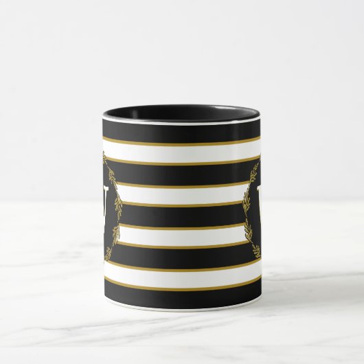 Zwart Wit Gouden Strepen Botanische Krans Monogram Mok (Midden)