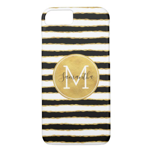 Zwart wit gouden strips monogram Case-Mate iPhone case (Achterkant)