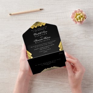 Zwart Wit  Goudfolie Gatsby Wedding All In One Uitnodiging