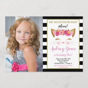 Zwart wit goudkitten katteverjaardagsfoto kaart
