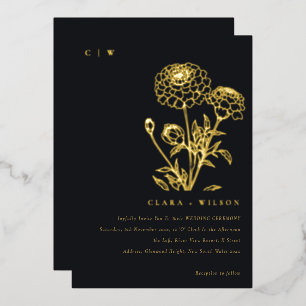 Zwart-wit goudsbloem bloemenschets bruiloft folie uitnodiging