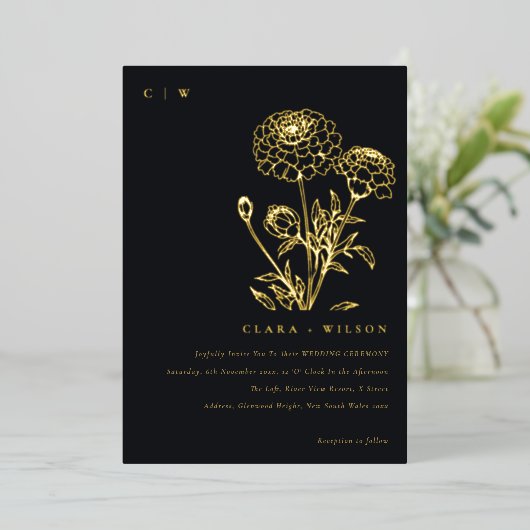 Zwart-wit goudsbloem bloemenschets bruiloft folie uitnodiging (Staand Voorkant)