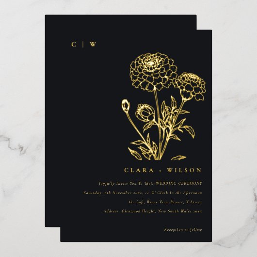 Zwart-wit goudsbloem bloemenschets bruiloft folie uitnodiging (Voorkant / Achterkant)