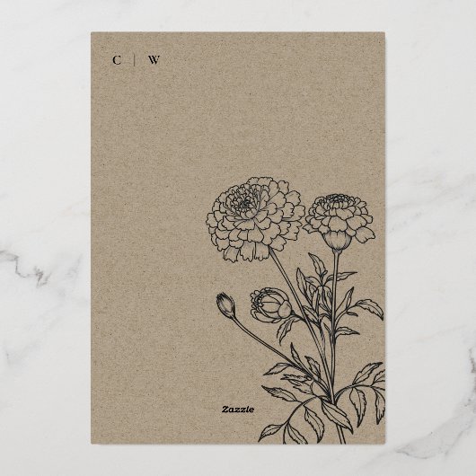 Zwart-wit goudsbloem bloemenschets bruiloft folie uitnodiging (Achterkant)