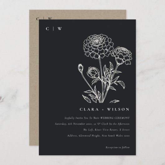 Zwart-wit goudsbloem bloemenschets bruiloft kaart (Voorkant / Achterkant)